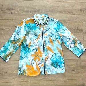 J.H. Collectibles Button Up Shirt Tropical Blue Orange Floral Size Medium